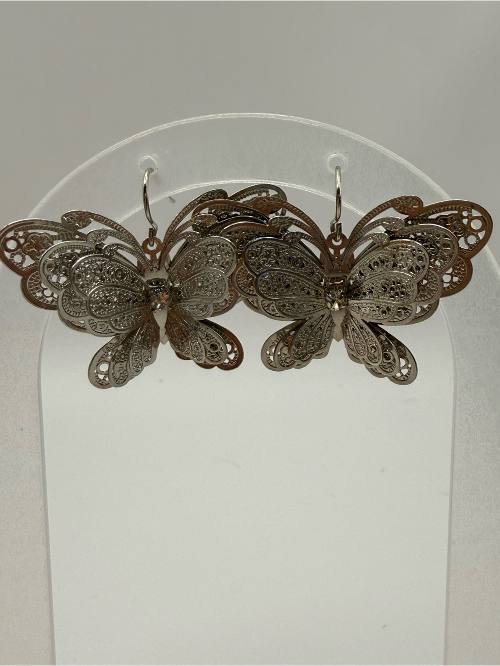 Silver Tone Filigree Butterfly Statement Dangle Earrings